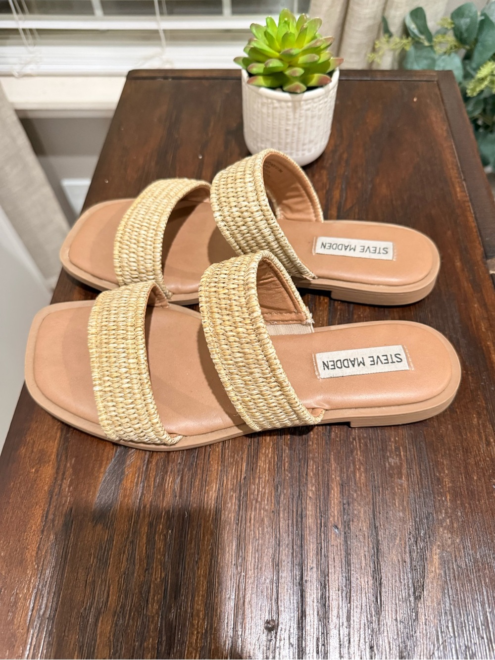 Steve Madden Woven Raffia Double Strap Slide Sandals Tan Size 8 - Picture 3 of 6